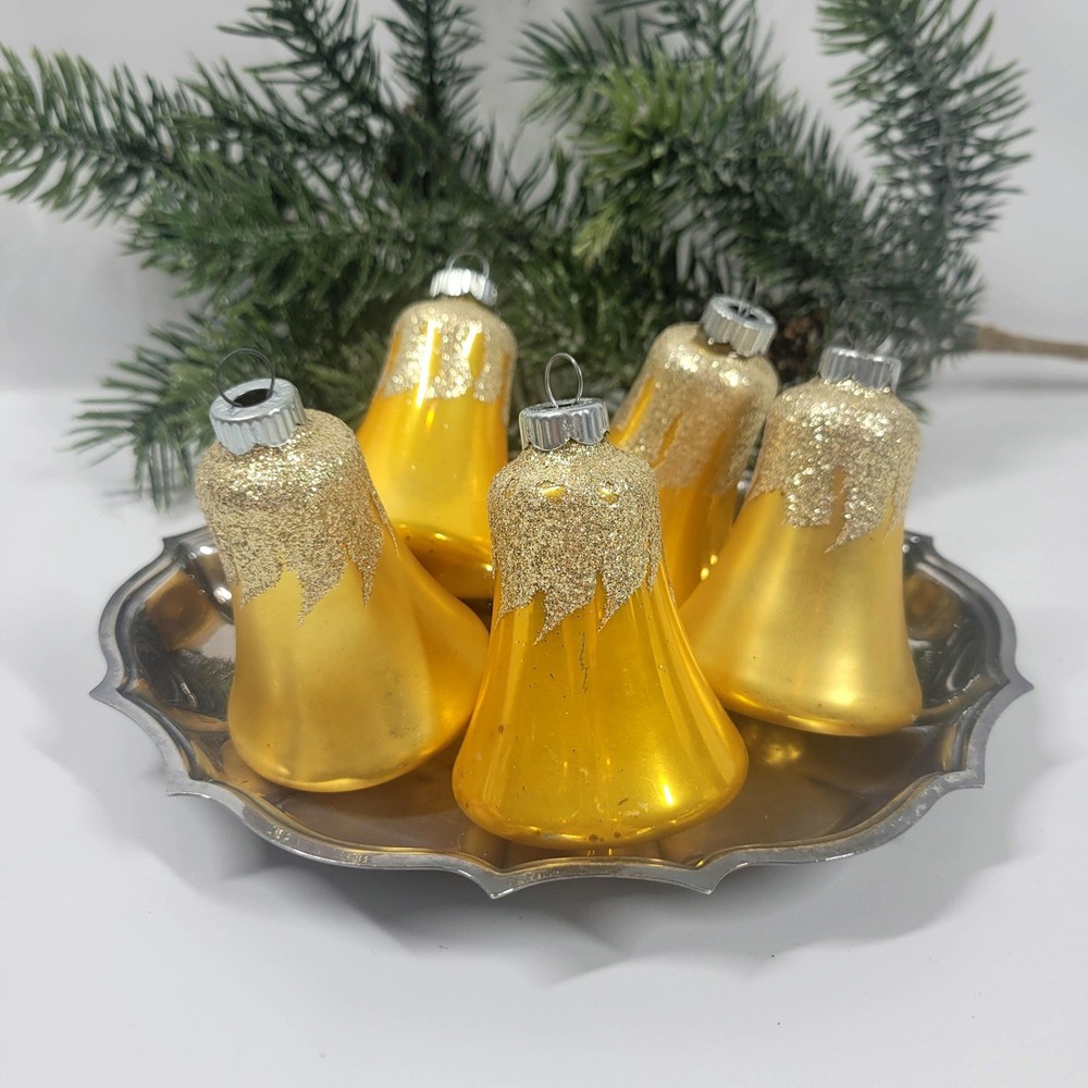 Vintage Shiny Bright Bell Shaped Christmas Ornaments Set of 5 Glitter Top 60s